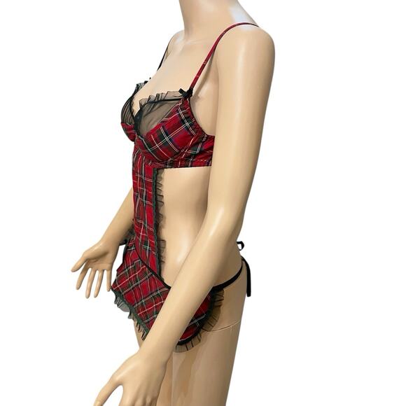 Fredericks Of Hollywood Tartan Plaid Apron Style Nightie Lingerie Medium Ruffle - Picture 5 of 9